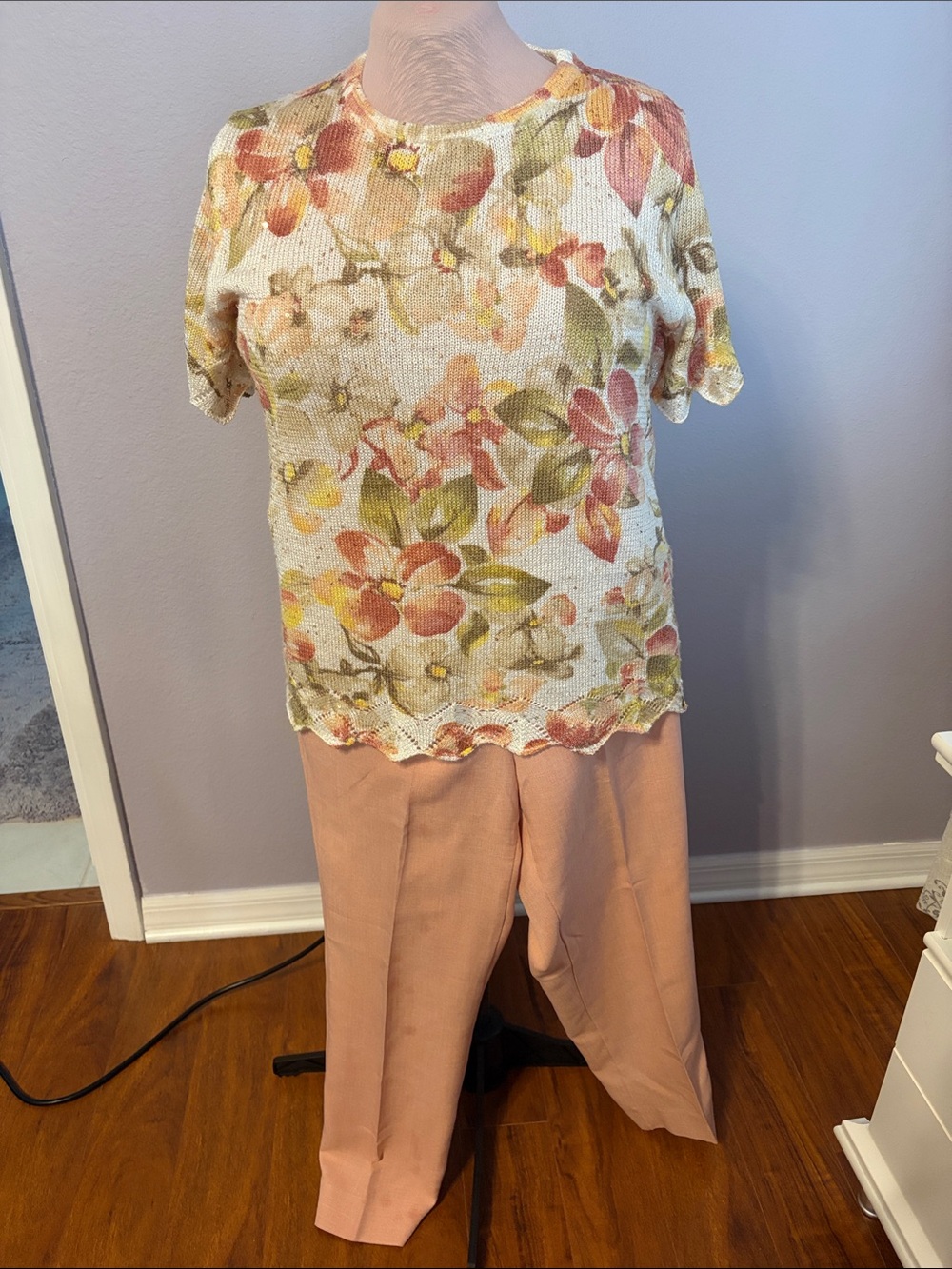 Alfred Dunner Cream Floral Short-Sleeve Knit Top with Coral Accents